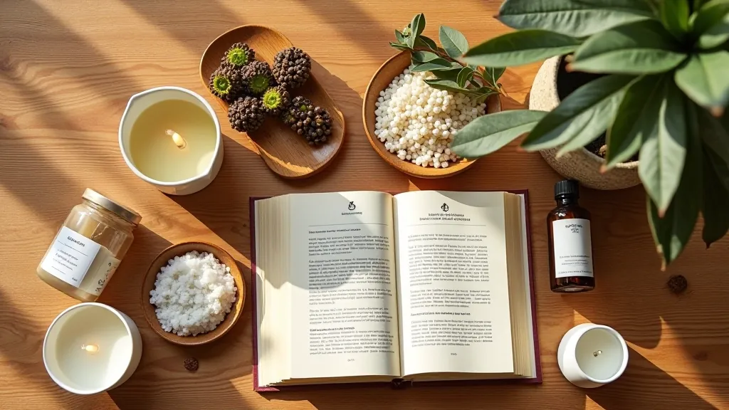 Hlavní wellness produkty v atraktivním uspořádání na dřevěném stole s přírodním osvětlením