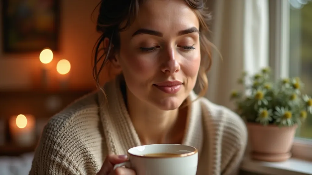 Žena relaxující s čajem a aromaterapií v pohodlném domácím prostředí