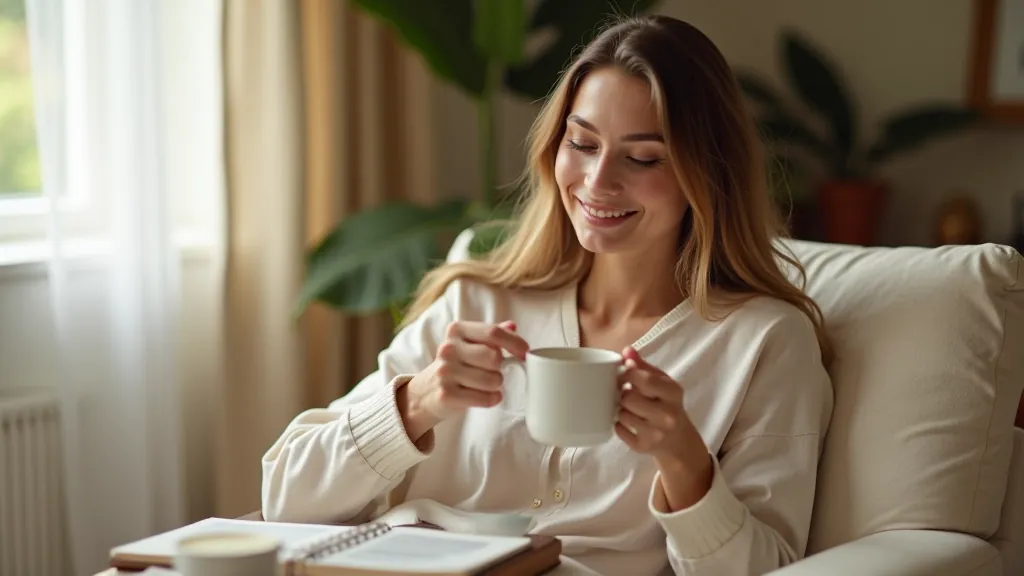 Žena si užívá moment klidu se svým měsíčním wellness balíčkem doma